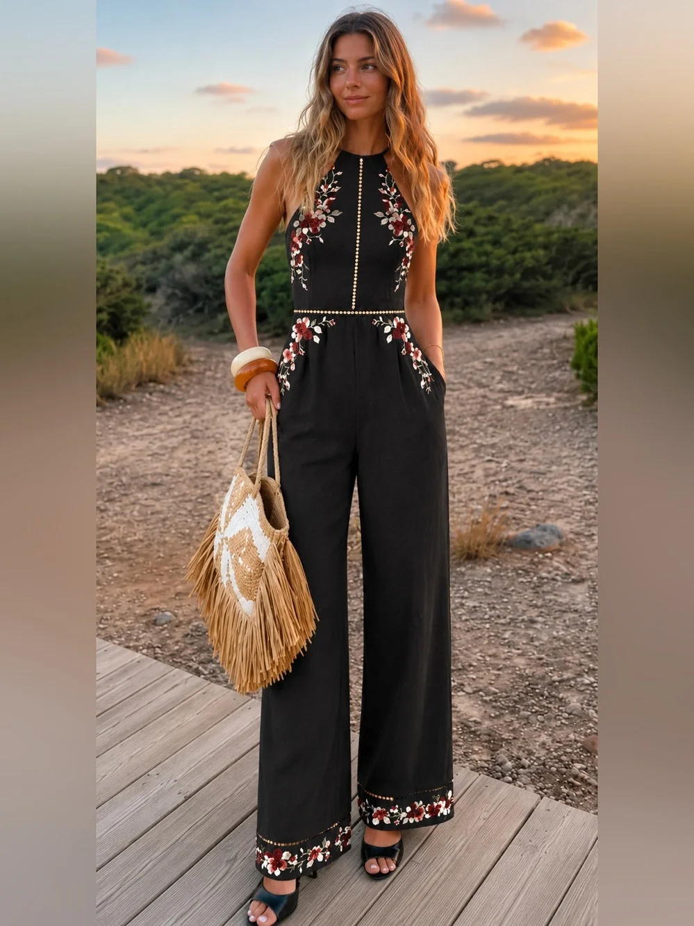 Zimmermann Black Linen & Cotton Floral Embroidered Halter Tie Romper Jumpsuit